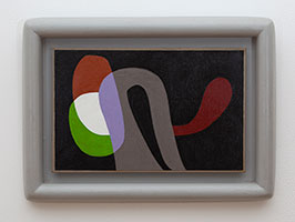 Frederick Hammersley / 
Curtain call, #1 1987 / 
oil on linen on masonite in artist-made frame / 
Panel: 7 1/4 x 11 1/4 in. (18.4 x 28.6 cm) / 
Framed: 11 x 15 in. (27.9 x 38.1 cm)