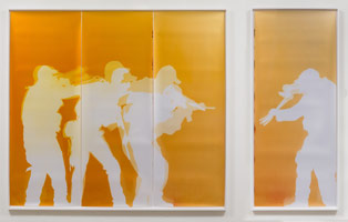 Farrah Karapetian / 
Stacking Your Door, 2013 / 
unique chromogenic photogram (from performance) / 
Panel 1 of 2: 98 1/4 x 107 3/4 in. (249.6 x 273.7 cm) / 
Panel 2 of 2: 98 1/4 x 42 1/4 in. (249.6 x 107.3 cm)