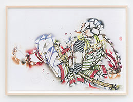 Gajin Fujita / 
Study for Game of Drones (GOD), (Samurai), 2023 / 
pencil, pen, spray paint, and tape on paper / 
Paper: 28 5/8 x 40 1/4 in. (72.7 x 102.2 cm) / 
Framed: 31 3/4 x 43 1/8 in. (80.6 x 109.5 cm)