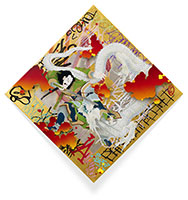 Gajin Fujita / 
Skywalkin Dragon Slayer, 2022 / 
Spray paint, paint markers, metalhead markers, 24K & 12K gold leaf on wood panel / 
25 1/2 x 25 1/2 in. (64.8 x 64.8 cm)