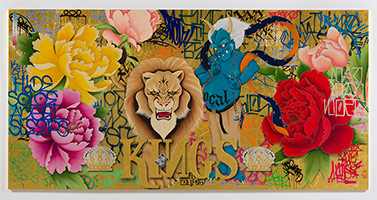 Gajin Fujita / 
Invincible Kings of This Mad Mad World, 2017 / 
spray paint, paint markers, Mean Streak, 24k gold
leaf, 12k white gold leaf, platinum leaf, gloss finish on four panels / 
Overall: 96 x 192 in. (243.8 x 487.7 cm) / 
Panel: 96 x 48 in. (243.8 x 121.9 cm)