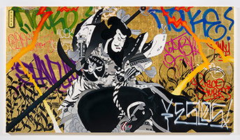 Gajin Fujita / 
Ghost Rider, 2018 / 
spray paint, paint markers, 12k white gold and 24k gold on six wood panels / 
60 x 108 in. (152.4 x 274.3 cm)