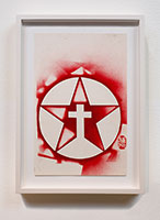 Gajin Fujita / 
Study for Game of Drones (GOD), (Texaco Star with Cross), 2023 / 
pencil and spray paint on paper / 
10 5/8 x 6 7/8 in. (27 x 17.5 cm) / 
Framed: 13 1/8 x 9 1/2 in. (33.3 x 24.1 cm)