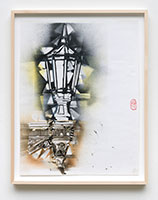 Gajin Fujita / 
Study for Forget Me Not (Chitose Fujita), (Street Lamp), 2023 / 
pencil, pen, spray paint, and tape on paper / 
Paper: 22 3/4 x 17 3/8 in. (57.8 x 44.1 cm) / 
Framed: 25 9/16 x 20 1/8 in. (64.9 x 51.1 cm)
