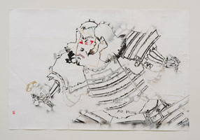 Gajin Fujita  / 
Study of Southland Standoff (Black Warrior), 2014 / 
Pencil, spray paint on archival paper / 
sheet: 46 x 69 in. (116.8 x 175.3 cm) 