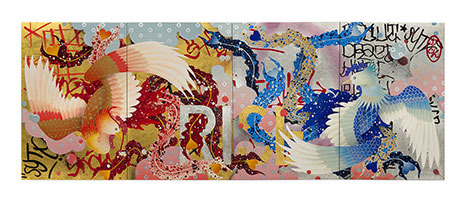 Gajin Fujita / 
We Shall Rise, 2020 / 
24k & 12k gold, spray paint, streaks, paint markers and metal head markers on four wooden panels / 
Overall (four panels): 9 x 24 in. (22.9 x 61 cm) / 
Private Collection