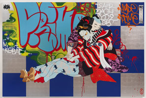 Gajin Fujita / 
Bewitched, 2010 / 
spray paint, paint marker, platinum leaf on wood panel / 
six panels: 72 x 108 in. (182.9 x 274.3 cm) overall