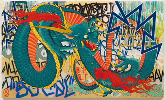 Gajin Fujita  / 
High Voltage, 2011 / 
white gold and gold leaf, spray paint and paint marker on five wood panels / 
48 x 80 in. (121.9 x 203.2 cm) / 
Private collection 