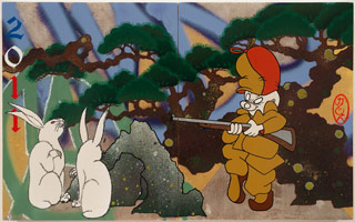 Gajin Fujita / 
Rabbit Season, 2010 / 
spray paint, paint marker, Mean Streak paint stick, gold leaf on wood panel / 
two panels: 10 x 16 in. (25.4 x 40.6 cm)