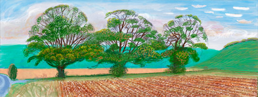 David Hockney  / 
Autumn Trees Near Thixendale, 28 October 2008, 2008 / 
inkjet printed computer drawing on paper / 
35 x 84 1/8 in. (88.9 x 213.7 cm) / 
Private collection 