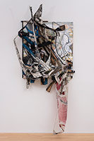 Iva Gueorguieva / 
Talisman Debris: Molt, 2018 / 
steel, wood, and fabric on clayboard / 
107 x 56 x 13 in. (271.8 x 142.2 x 33 cm)
