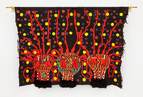 JOJO ABOT / 
Mawu Sogbo Lisa, 2015 / 
bogolan, acrylic, yarn / 
44 x 62 in. (111.8 x 157.5 cm)