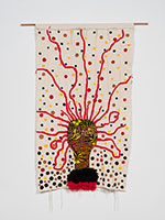 JOJO ABOT / 
Mawu Deka, 2015 / 
Bogolan, acrylic, yarn, beads / 
66 x 41 x 2 in. (167.6 x 104.1 x 5.1 cm)