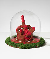 JOJO ABOT / 
Of earth and blood, 2023 / 
clay, glass, shells, foliage, acrylic, wood / 
10 1/2 x 5 3/4 x 5 3/4 in. (26.7 x 14.6 x 14.6 cm)