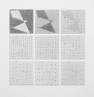 Jennifer Bartlett / 
Bow Tie (9 elements), 1973 / 
enamel over grid silkscreened onto baked enamel on metal / 
38 x 38 in. (96.5 x 96.5 cm)