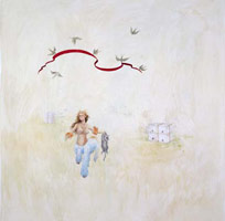 Jessica Minckley / 
Birds and Bees, 2005 / 
Gesso, acrylic, watercolor and gouache paints, graphite,
and ball point ink on paper / 
Paper: 52 1/2 x 52 1/2 in. (133.4 x 133.4 cm) / 
Framed: 55 1/2 x 56 1/2 in. (141 x 143.5 cm) / 
Private collection