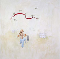 Jessica Minckley / 
Birds and Bees, 2005 / 
Gesso, acrylic, watercolor and gouache paints, graphite, and ball point ink on paper / 
Paper: 52 1/2 x 52 1/2 in. (133.4 x 133.4 cm) / 
Framed: 55 1/2 x 56 1/2 in. (141 x 143.5 cm) / 
Private collection 
