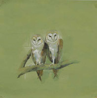 Jessica Minckley / 
My Mother and Father Rescued A Pair of Owls, 2005 / 
graphite, watercolor gouache & colored pencil on paper / 
Paper: 12 x 12 in. (30.5 x 30.5 cm) / 
Framed: 12 1/2 x 12 1/2 in. (31.8 x 31.8 cm) / 
Private collection 