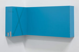 Kaz Oshiro / 
Untitled Corner Piece (turquoise), 2009  / 
acrylic on stretched canvas / 
left section: 30 3/8 x 32 1/8 x 9 1/4 in. (77.2 x 81.6 x 23.5 cm) / 
right section: 30 3/8 x 62 x 9 1/4 in. (77.2 x 157.5 x 23.5 cm) 