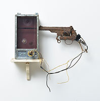 Edward & Nancy Reddin Kienholz / 
Drawing for Still Live, 1984 / 
Lexan block, alarm clock, wooden shelf, galvanized sheet metal, rusty gun, wires, and polyester resin / 
15 x 17 1/4 x 7 1/2 in. (38.1 x 43.8 x 19.1 cm)