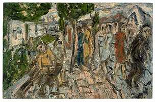 Leon Kossoff / 
A Street in Willesden No. 1, 1983 / 
oil on board / 
46 x 72 in. (116.8 x 182.9 cm)