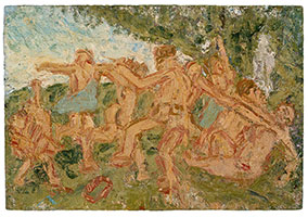 Leon Kossoff / 
Bacchanal before a Herm of Pan by Poussin No. 2, 1998 / 
oil on board / 
39 x 57 in. (99 x 144.5 cm)