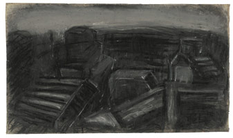 Leon Kossoff / 
City Rooftops, 1957 / 
charcoal and pastel on paper / 
22 1/2 x 38 1/2 in. (57.2 x 97.8 cm) / 
framed: 25 1/2 x 41 1/2 in. (64.8 x 105.4 cm) / 
 / 
Catalogue plate number 3 