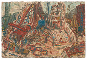 Leon Kossoff / 
Demolition of YMCA Building No. 2, Spring, 1971 / 
oil on board / 
48 1/2 x 72 1/2 in. (123.2 x 184.2 cm)