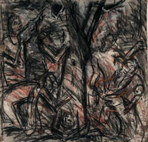 From Titian: The Flaying of Marsyas / 
      Charcoal, pastel and oil paint on paper / 
      57.5 x 59.5 cm