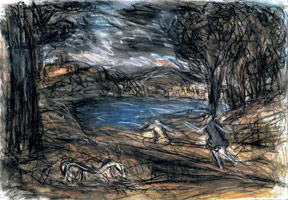 From Poussin: Landscape with a Man killed by a Snake / 
      Charcoal and pastel on paper / 
      56.2 x 75.6 cm / 
      Private
      collection