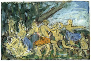 From Poussin: A Bacchanalian Revel before a Term / 
      Hand coloured etching and drypoint / 
      29.4 x 40 cm / 
      Private
      collection