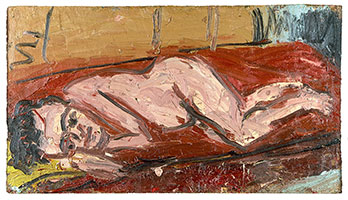 Leon Kossoff / 
Nude on a Red Bed, 1969 / 
oil on board / 
30 3/4 x 54 in. (78.1 x 137.2 cm)