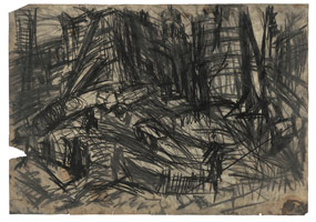 Leon Kossoff / 
Demolition of the YMCA Building, London No. 2, 1970 / 
charcoal on paper / 
23 1/4 x 33 in. (59 x 84 cm) / 
framed: 26 3/4 x 36 1/2 in. (67.9 x 92.7 cm) / 
 / 
Catalogue plate number 17