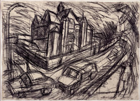 Leon Kossoff / 
School Building Willesden, 1979 / 
charcoal on paper / 
21 x 29 3/4 in. (53.3 x 75.6 cm) / 
framed: 29 x 37 1/2 in. (73.7 x 95.3 cm)