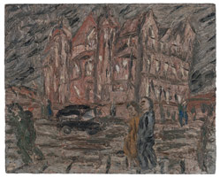 Leon Kossoff / 
Red Brick School Building, Winter, 1982 / 
oil on board / 
48 x 60 in. (121.9 x 152.4 cm) / 
 / 
Catalogue plate number 37