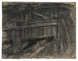 Leon Kossoff / 
Railway Bridge Mornington Crescent, 1952 / 
charcoal and pastel on paper / 
21 3/4 x 28 3/4 in. (55.2 x 73 cm) / 
Framed: 25 1/4 x 31 3/4 in. (64.1 x 80.6 cm) / 
Catalogue plate number 1