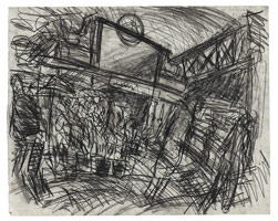 Leon Kossoff / 
The Flower Stall, Embankment Station, 1994 / 
charcoal on paper / 
22 x 27 1/2 in. (56 x 70 cm) / 
 / 
Catalogue plate number 54