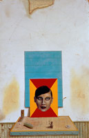 Topeka Tatoo, 1988 / 
oil, collage on panel, artist-made frame / 
25 3/8 x 18 1/2 in (64.5 x 47 cm)