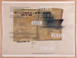 Terry Allen / 
Momo Chronicle III: Teatro of the 4-eyed Man; Scene III, Ship/Book, 2009 / 
      gouache, pastel, color pencil, graphite, press type, collage elements  / 
      46 1/2 x 56 1/2 in. (118.1 x 143.5 cm) / 
      Private collection 