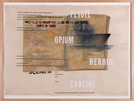 Terry Allen / 
Momo Chronicle III: Teatro of the 4-eyed Man; Scene III, Ship/Book, 2009 / 
      gouache, pastel, color pencil, graphite, press type, collage elements  / 
      46 1/2 x 56 1/2 in. (118.1 x 143.5 cm) / 
      Private collection 