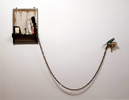 Nancy Reddin Kienholz / 
The Blue Bird of Peace, 1997 - 98 / 
mixed media assemblage / 
as installed: 56 x 46 x 6 in. (142.2 x 116.8 x 15.2 cm)