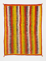Unknown (Navajo) / 
Navajo Eye Dazzler Blanket, circa 1875
-1885 / 
Handspun native wool; the gray and
white are natural; the red, yellow, purple
and green are synthetic dyed / 
75 x 57 in. (190.5 x 144.8 cm)