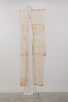 Alison Saar / 
Pearly study (sugar sack shroud series), 2013 / 
found sugar sacks, gesso, charcoal, polyester cloth / 
110 x 37 x 6 in. (279.4 x 94 x 15.2 cm)