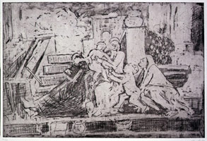 Leon Kossoff / 
The Holy Family on the Step, 1998 / 
unique proof plate / 
16 x 23 1/2 in. (40.6 x 59.7 cm) / 
paper: 22 1/2 x 30 in. (57.2 x 76.2 cm) 