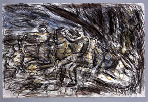 Bacchanal before a Herm #5, 1997 / 
compressed charcoal, pastel, and pencil on paper / 
image: 20.31 x 30.75 in. (51.6 x 78.1 cm) / 
framed: 28.82 x 14.49 in. (73.2 x 36.8 cm)