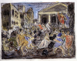 Leon Kossoff / 
The Rape of the Sabines #1, 1995 - 97 / 
hand colored etching & drypoint / 
17 7/8 x 23 1/2 in (45.4 x 59.69 cm)(plate) / 
22 1/4 x 29 3/4 in (56.52 x 75.57 cm)(paper) / 
Private collection 