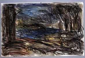 Leon Kossoff /  
Landscape with a Man Killed by a Snake, 1997 /  
compressed charcoal pastel & watercolor on paper /  
Paper: 19 1/2 x 30 in (49.5 x 76.2 cm) /  
Framed: 29 x 37 in (73.7 x 94 cm) 
