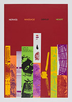 R.B. Kitaj / 
Nerves, Massage, Defeat, Heart, 1967 / 
color screenprint, photoscreenprint, coating on Guardsman Red Hyperion antique board / 
Paper Dimensions: 34 1/4 x 23 1/2 in. (87 x 59.7 cm)