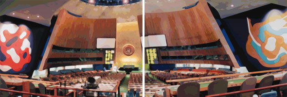 Timothy Tompkins / 
U.N. General Assembly Hall, 2007 / 
commercial sign enamel on aluminum (diptych) / 
Overall: 48 x 144 in. (121.9 x 365.8 cm) / 
Each panel: 48 x 72 in. (121.9 x 182.9 cm)  / 
Private collection