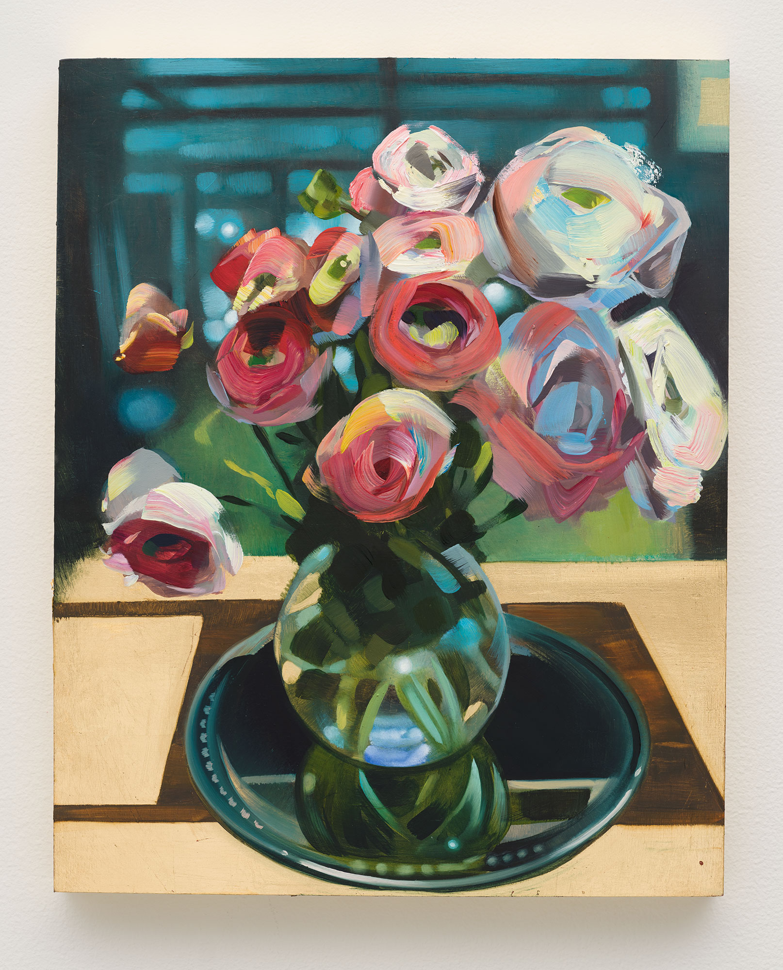 Rebecca Campbell / 
Ranunculus, 2022 / 
oil on gilded wood panel / 
20  x 16 in. (50.8 x 40.6 cm)